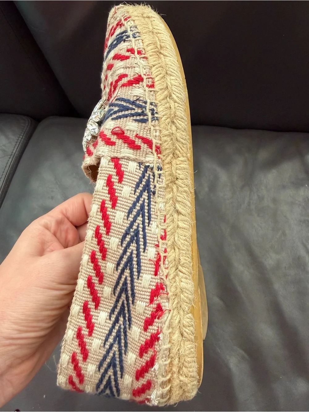 Miu Miu Beige Espadrilles with Red & Navy Stripe and Crystal Brooch 37 Size